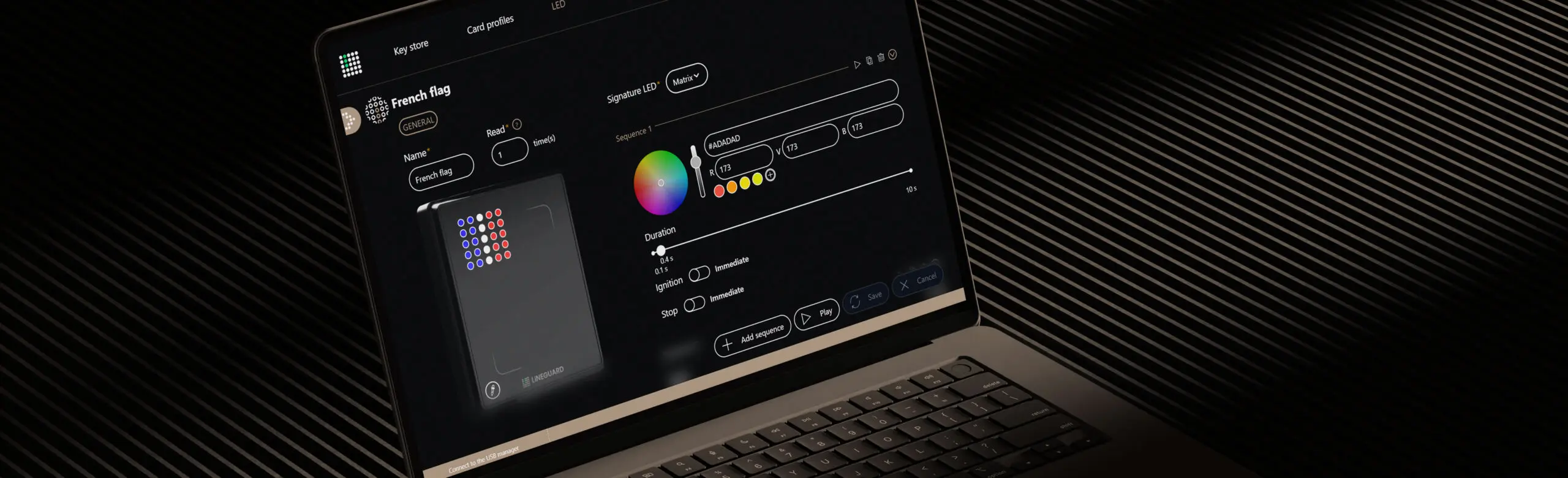 Capture d'écran du logiciel de gestion LiNEGUARD Studio sur un ordinateur portable, montrant l'interface de personnalisation LED pour un lecteur, avec un sélecteur de couleurs.