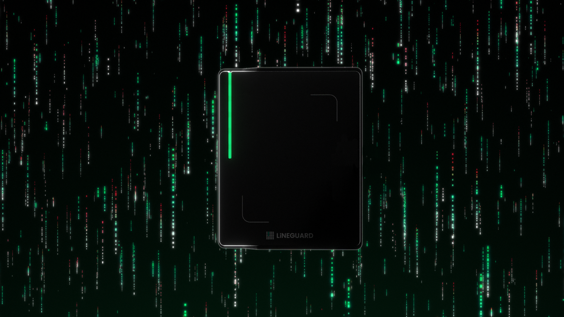 Lecteurs de badge Line Ultra Touch LiNEGUARD avec LED verticale verte sur fond de matrice numérique
