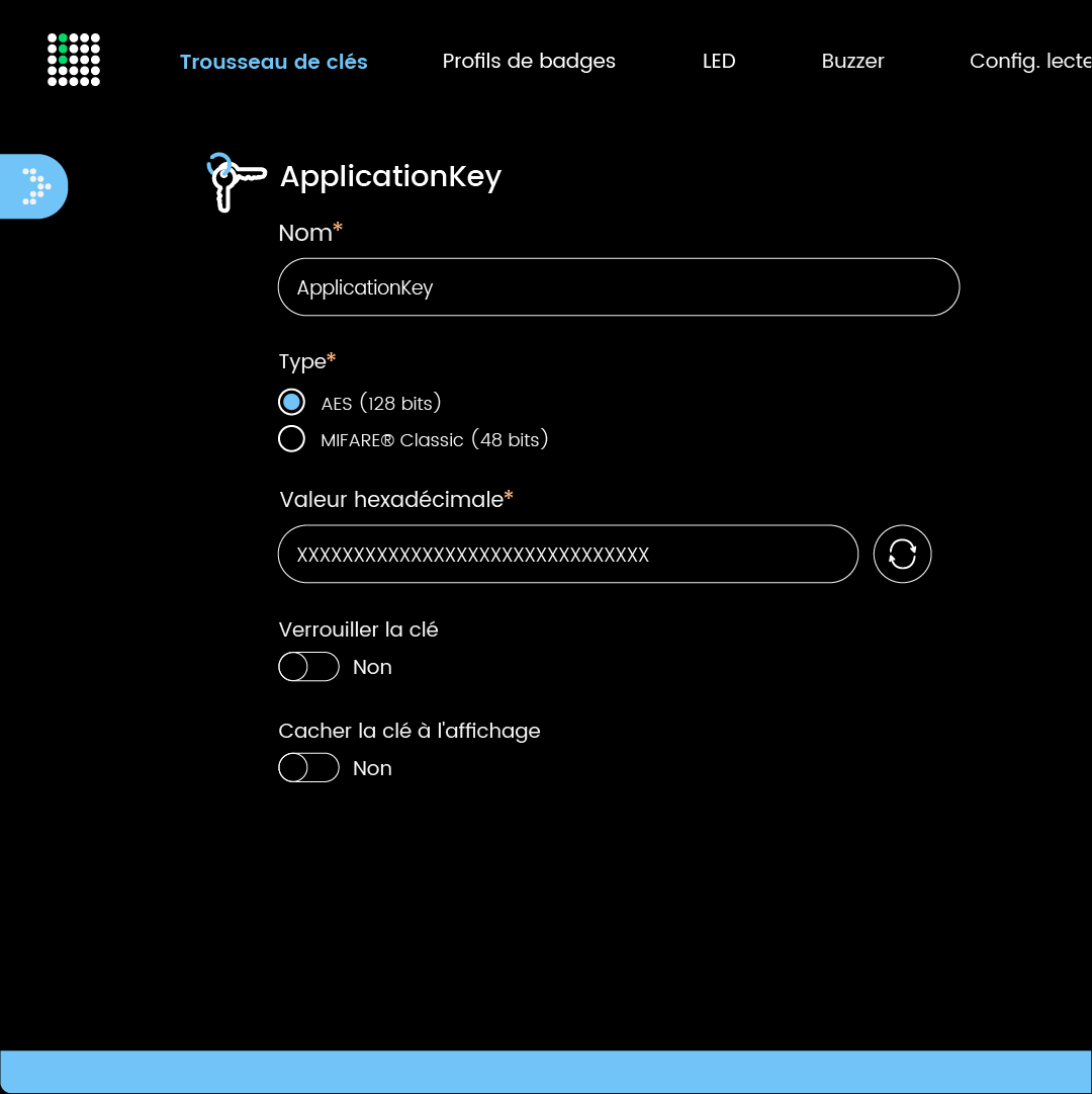 Capture d'écran de l'interface LiNEGUARD Studio : choix du paramétrage sécurisé des clés d'application entre AES et MIFARE Classic