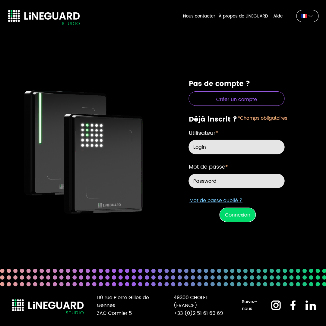 Page de connexion sécurisée au logiciel LiNEGUARD Studio pour la gestion des lecteurs de contrôle d'accès LiNEGUARD