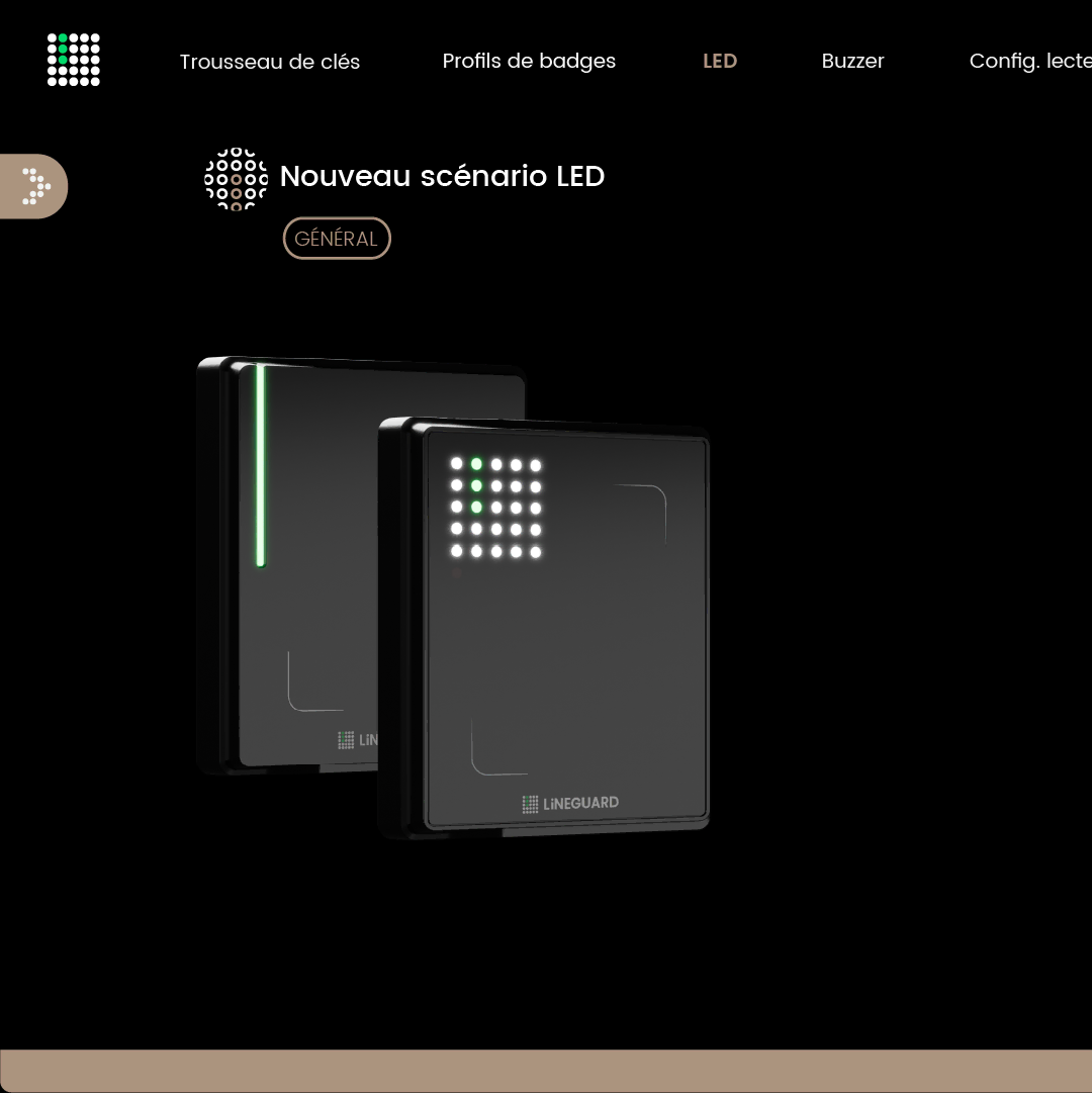 Capture d'écran du logiciel LiNEGUARD Studio : étape de configuration des scénarios LEDs pour la signature lumineuse du lecteur de badge