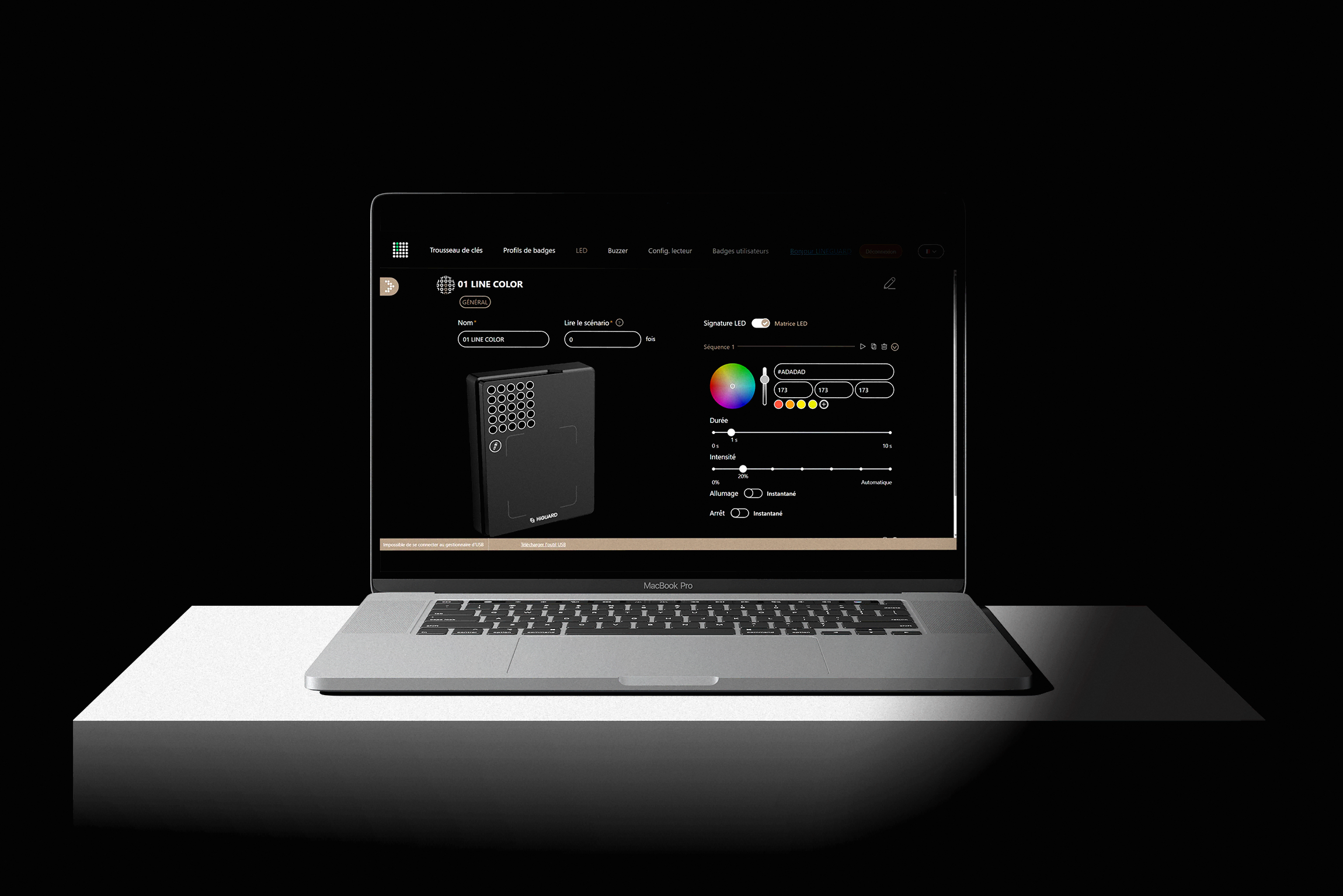 Capture d'écran du logiciel LiNEGUARD Studio sur un MacBook Pro, présentant l'interface de personnalisation des LEDs sur un lecteur RFID