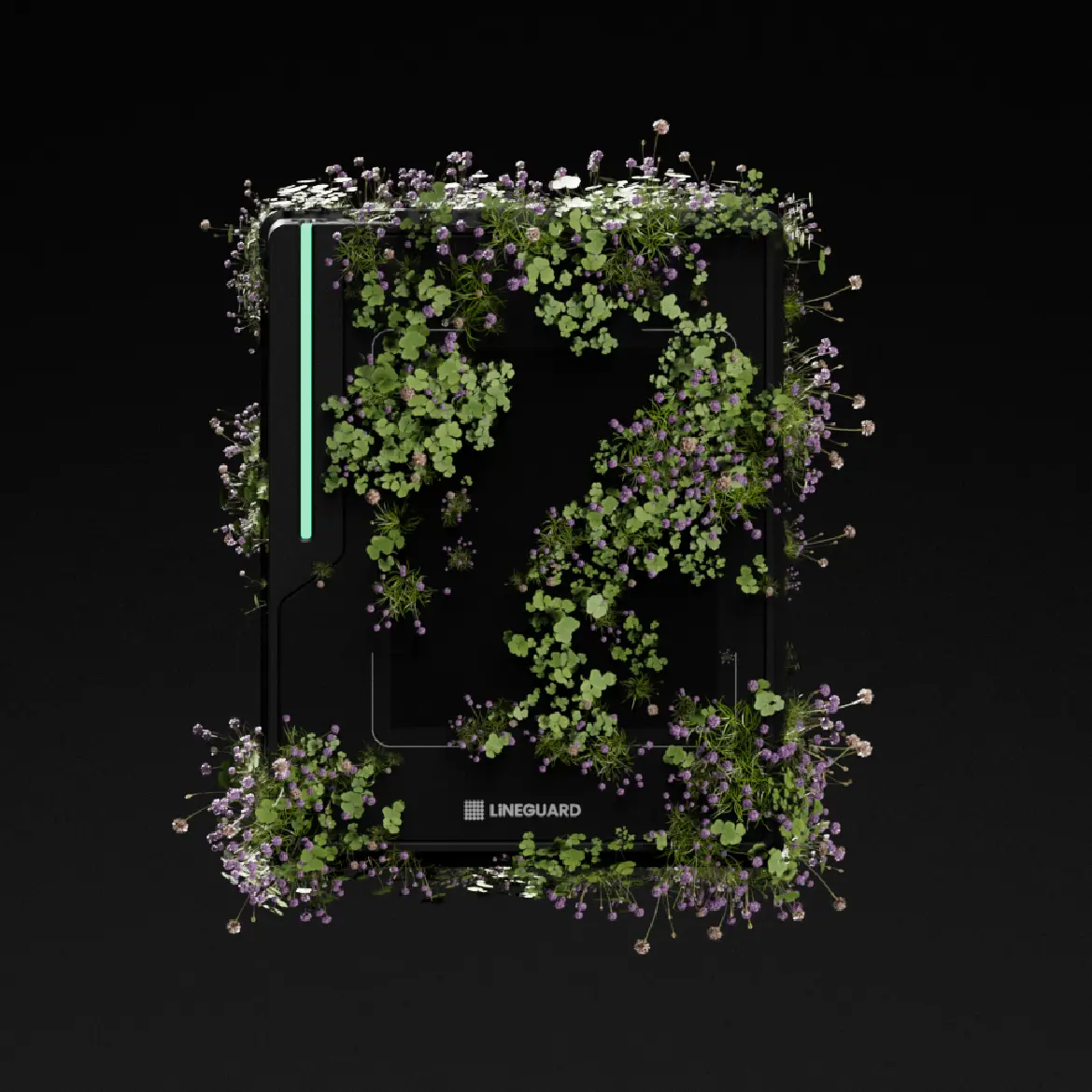 Lecteur de contrôle d'accès LiNEGUARD entouré de végétation évoquant une démarche de conception soucieuse de son empreinte environnementale
